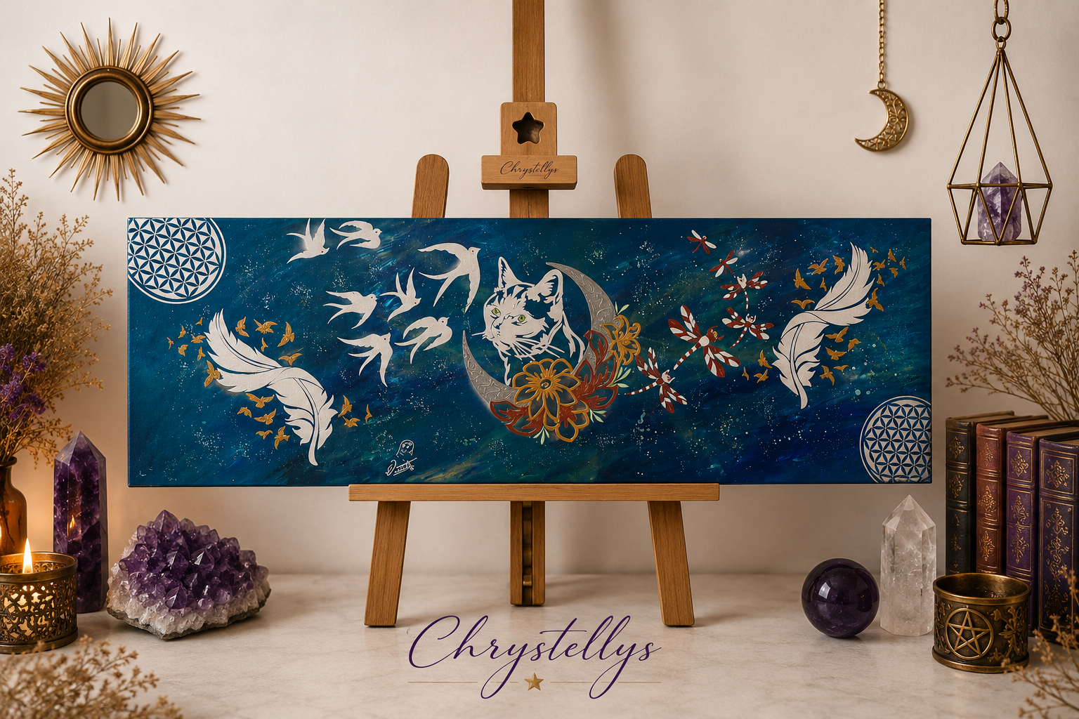 Peinture vibratoire « L’esprit du chat lunaire »